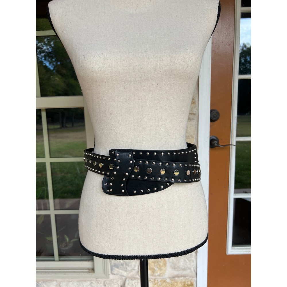 Womens Black Faux Leather Studded Waist Belt Silver Studs Edgy Moto Punk 40in